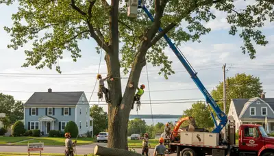 Professional tree removal crew cutting large tree safely at Burlington VT home with bucket truck equipment