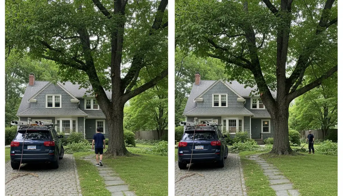 Arborist performing canopy lift to trim lower branches on residential property in Burlington, VT
