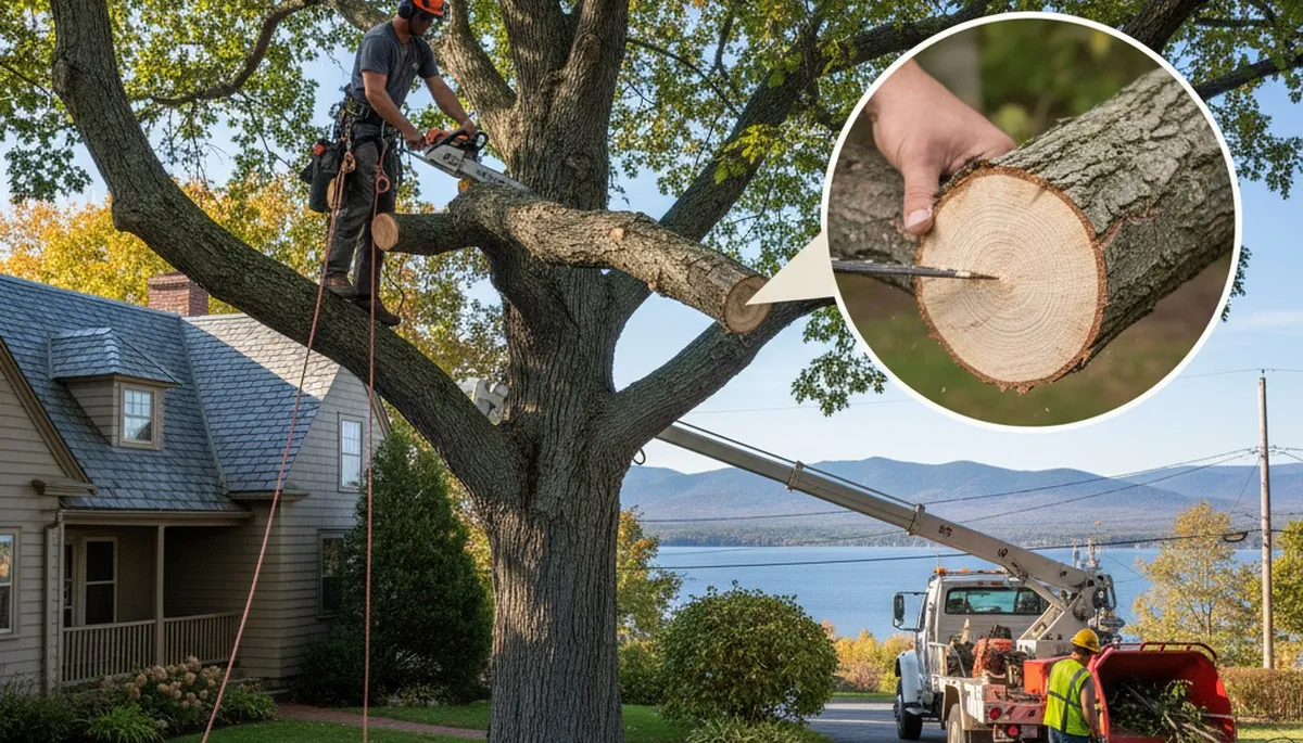 Arborists performing deadwood removal on residential tree in Burlington, VT to prevent storm hazards