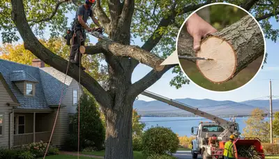 Arborists performing deadwood removal on residential tree in Burlington, VT to prevent storm hazards