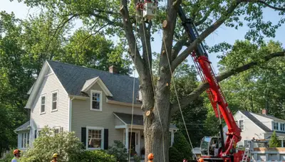 Arborists performing large tree removal with bucket truck in Essex Junction, VT near Burlington homes