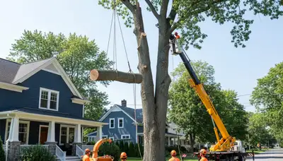 Professional arborists performing large tree removal in Hinesburg, near Burlington VT with bucket truck equipment