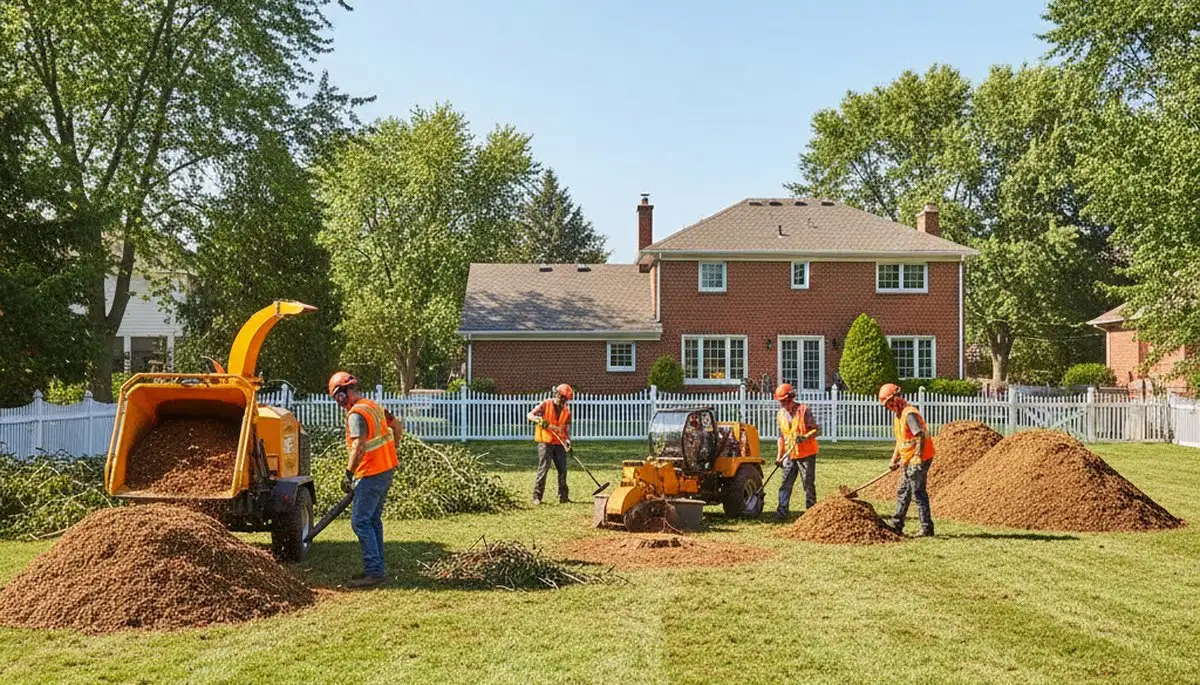Complete tree removal and yard cleanup in Burlington VT with stump grinding and wood chipper mulch