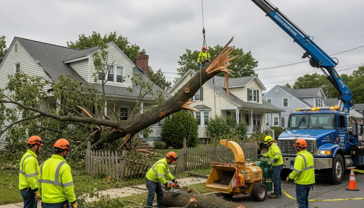 Emergency tree removal crew clearing storm-damaged trees in Shelburne, Burlington VT neighborhood