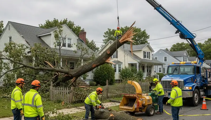 Emergency tree removal crew clearing storm-damaged trees in Shelburne, Burlington VT neighborhood