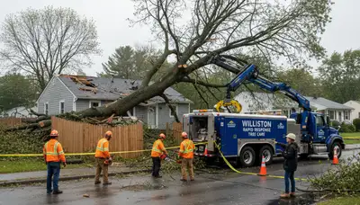 Emergency tree removal crew clearing storm-damaged trees in Williston, Burlington VT neighborhood