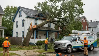 Emergency tree removal crew clearing storm-damaged trees in Winooski, VT near Burlington homes