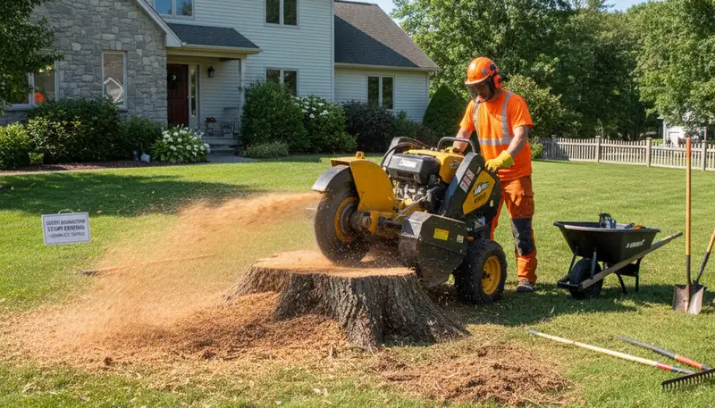 Professional stump grinding service removing tree stumps in South Burlington, VT yard