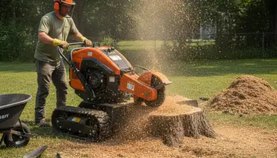 Professional stump grinding service removing tree stumps in Williston, Burlington VT yard