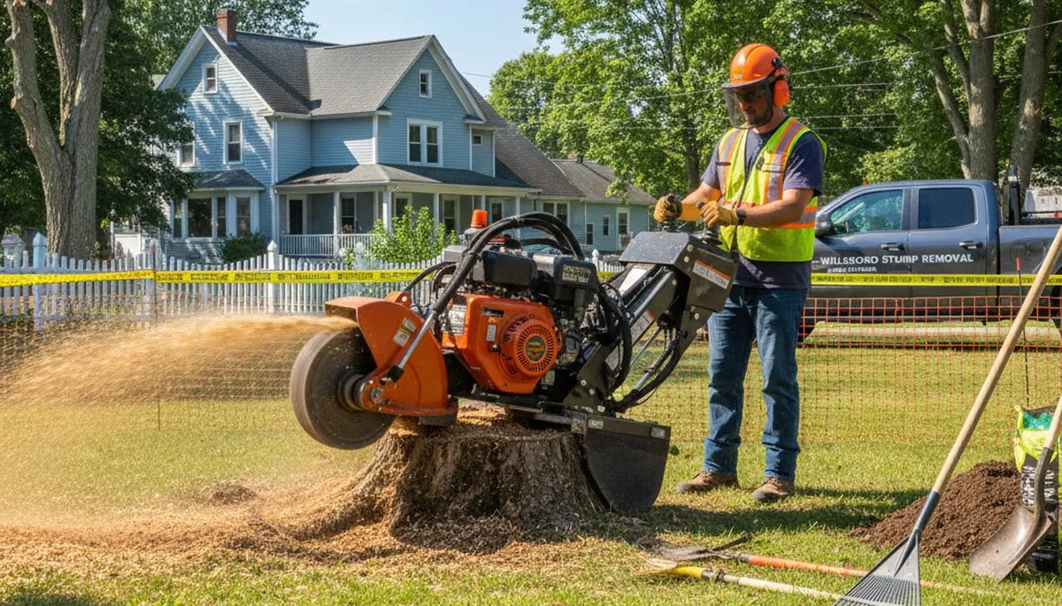 Professional stump grinding removing tree stumps in Willsboro NY by Burlington VT tree removal experts
