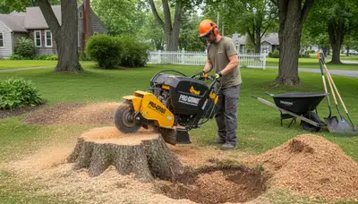 Professional stump grinding service removing tree stumps in Winooski, Vermont near Burlington VT homes