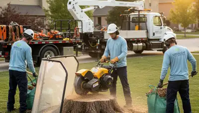 Arborist performing stump removal with grinder in Burlington, VT backyard for Chop Chop Tree