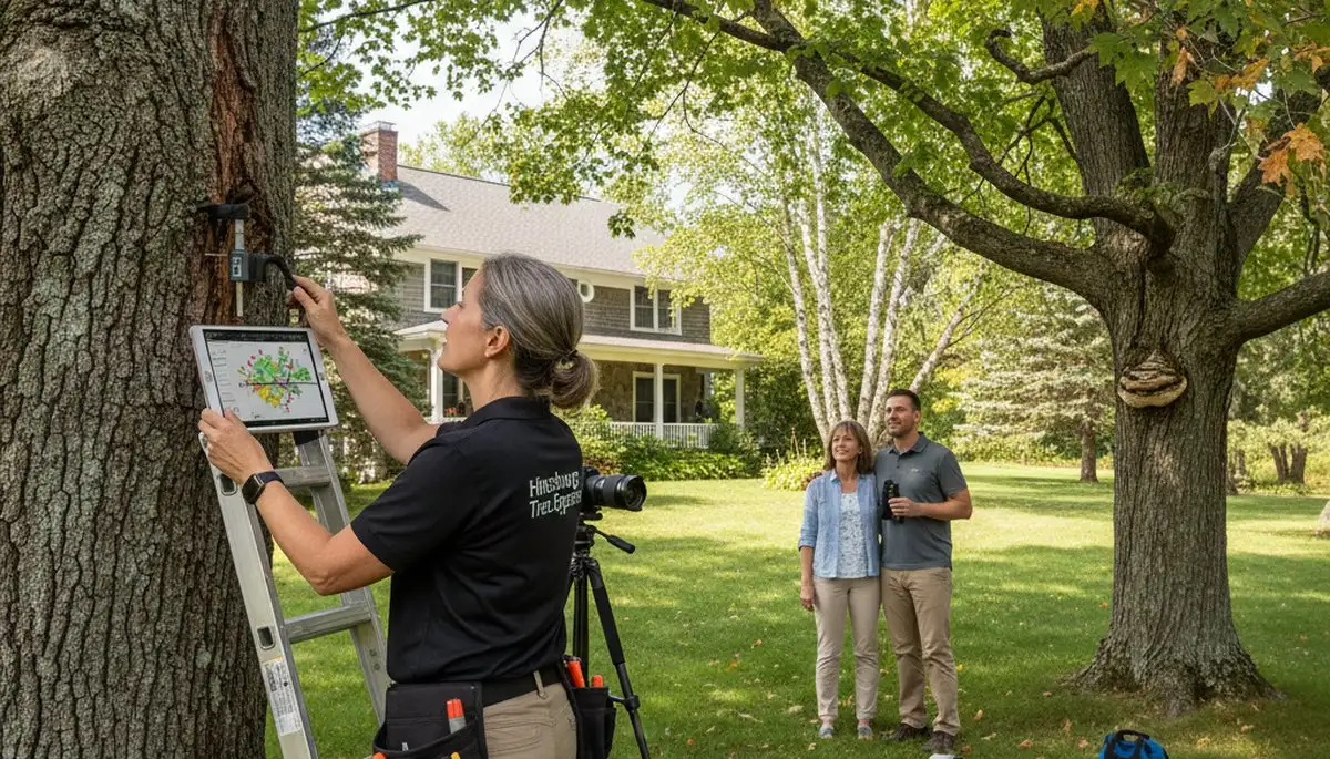 Certified arborist performing tree health assessment in Hinesburg, VT for Burlington tree removal services