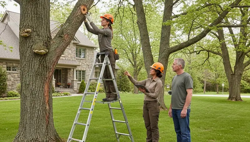 Certified arborist performing tree health assessment in Shelburne, VT for Burlington tree removal services
