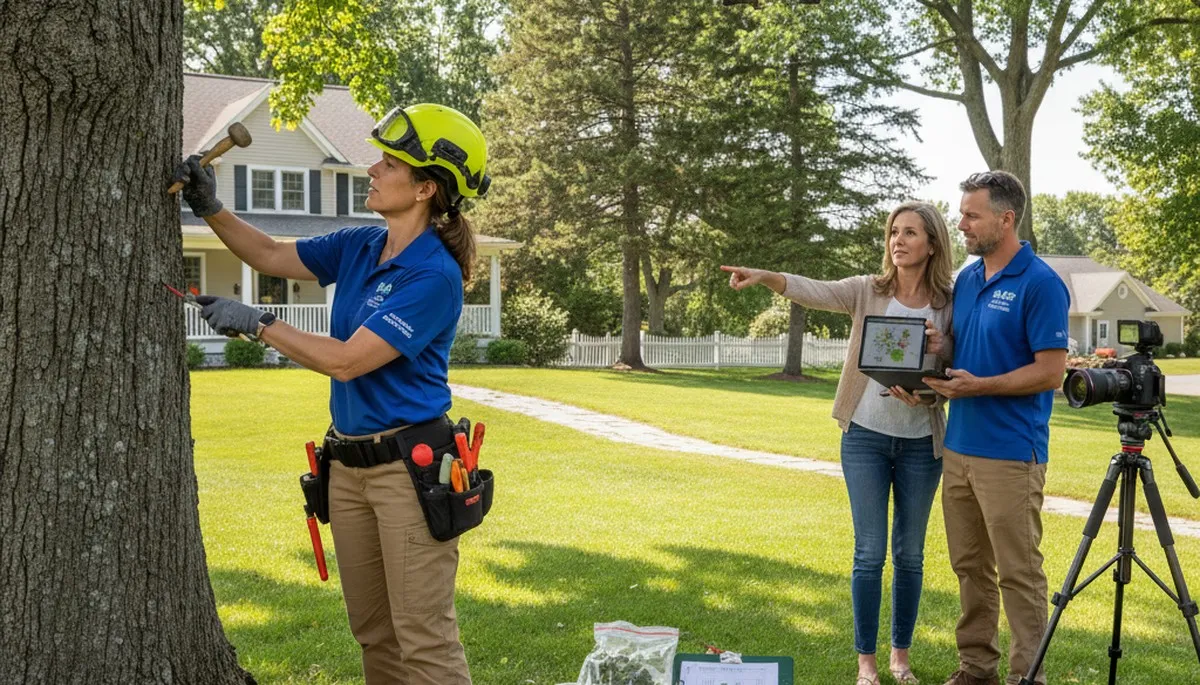 Certified arborist performing tree health assessment in South Burlington, VT for safe tree maintenance