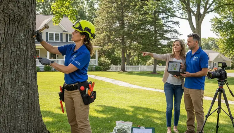Certified arborist performing tree health assessment in South Burlington, VT for safe tree maintenance