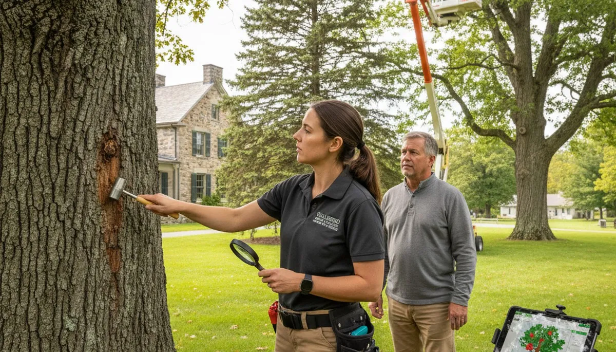 Certified arborist performing tree health assessment for homeowners in Willsboro NY near Burlington VT