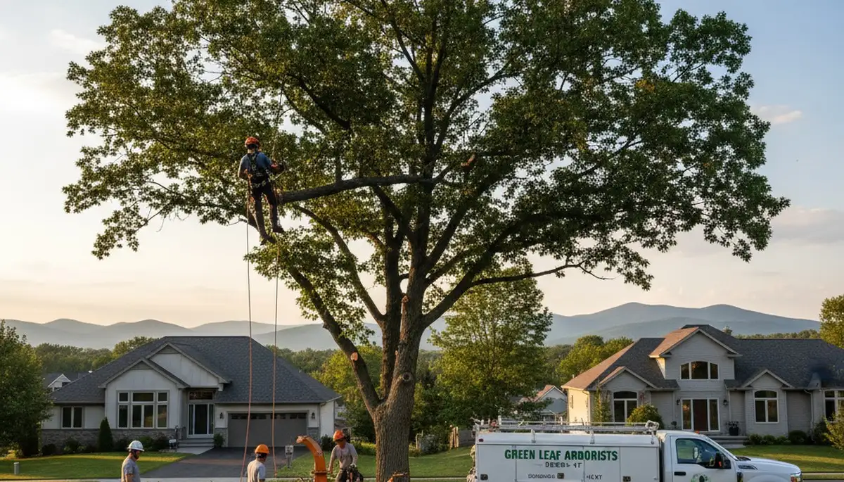 Professional tree removal service in Burlington VT safely cutting down large oak tree