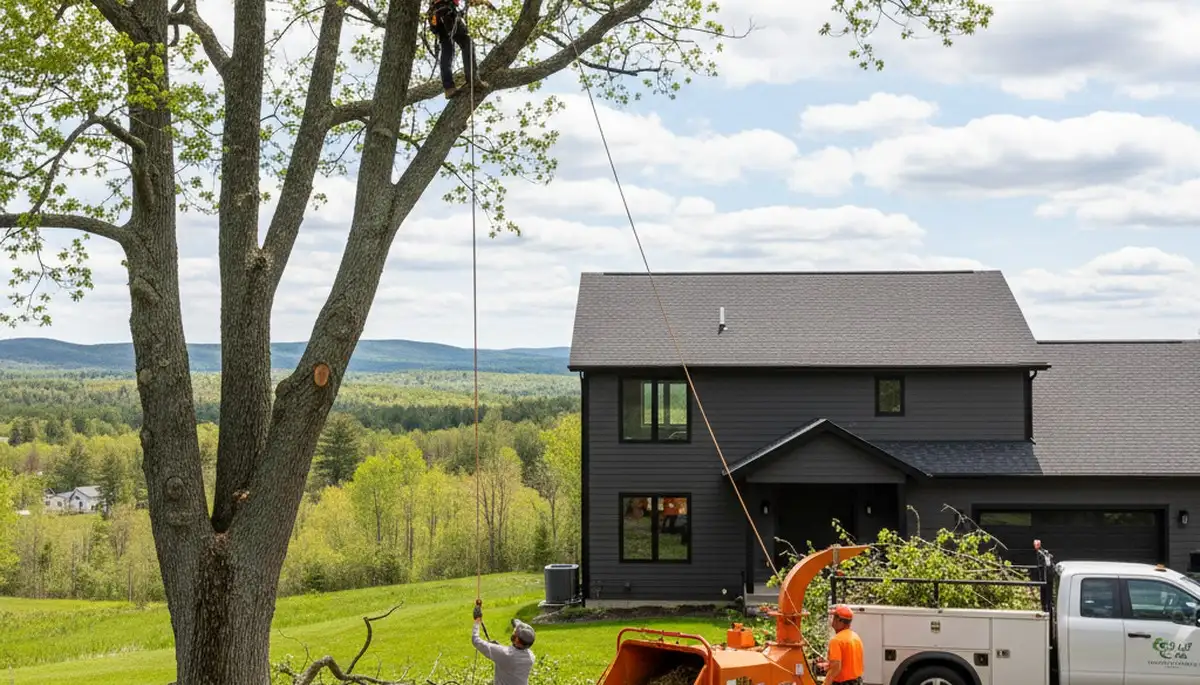 Professional tree removal service in Burlington VT safely cutting down large maple tree
