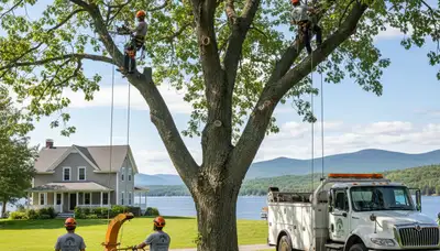 Professional tree removal service in Burlington VT safely clearing large oak trees