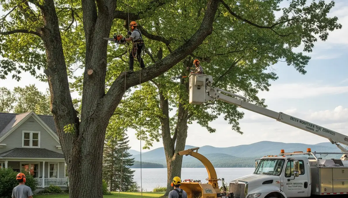 Professional tree removal service in Burlington VT safely cutting large trees near residential property