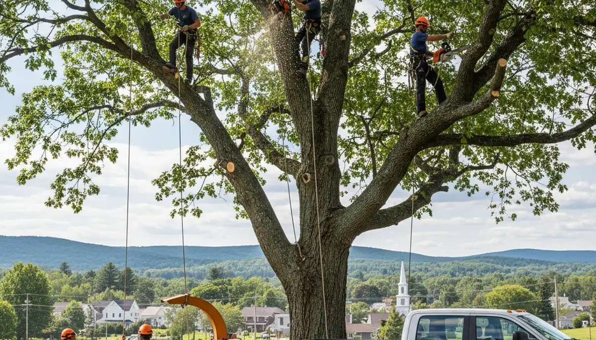 Professional tree removal service in Burlington VT safely cutting and clearing large oak tree