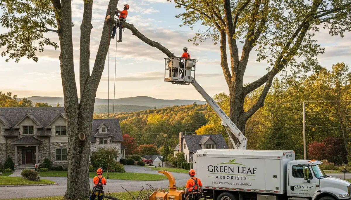 Professional tree removal service in Burlington VT safely cutting large oak tree