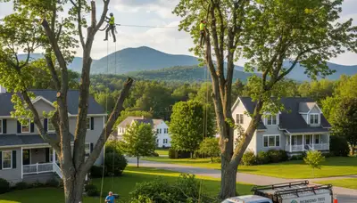 Professional tree removal service truck in Burlington VT safely clearing residential trees