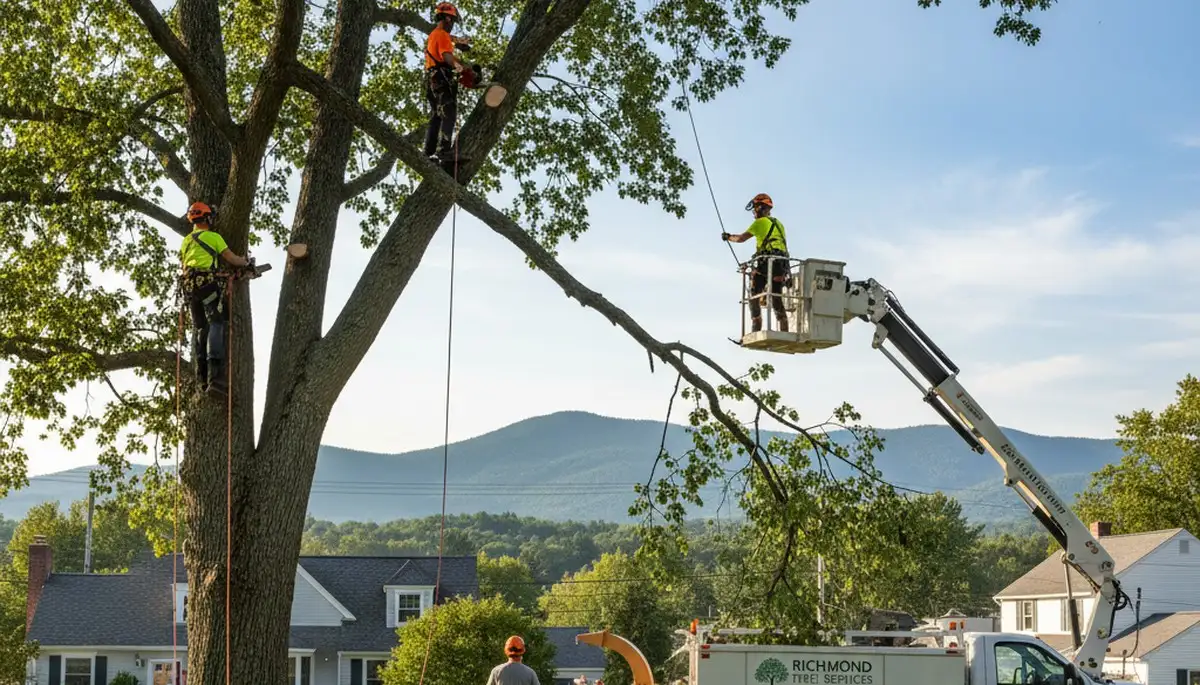 Professional tree removal service in Burlington VT safely clearing large trees for local homeowners