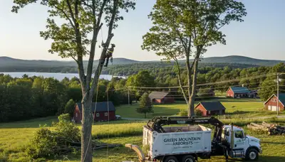 Professional tree removal service in Burlington VT safely clearing large oak from residential yard