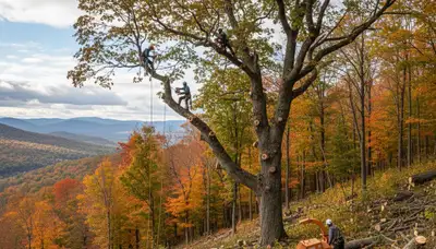 Professional tree removal crew working safely in Burlington VT residential yard